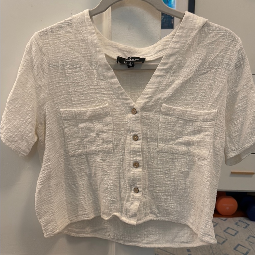 Lulu's White Button Down Crop Top with Notched Collar